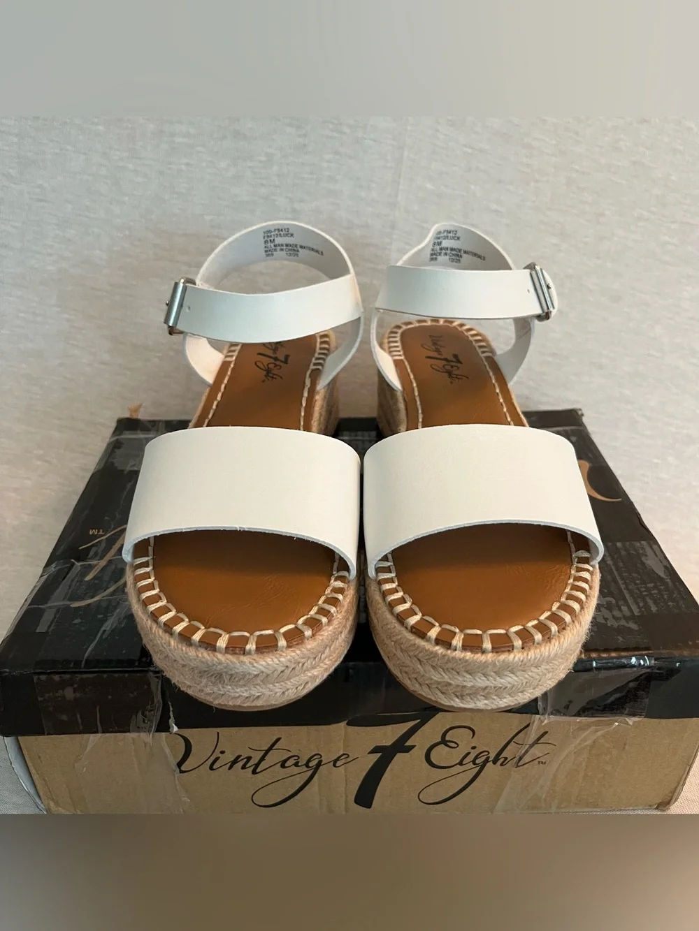 Vintage 7 Eight Luck White Espadrille Platform Sandals with Ankle Buckle